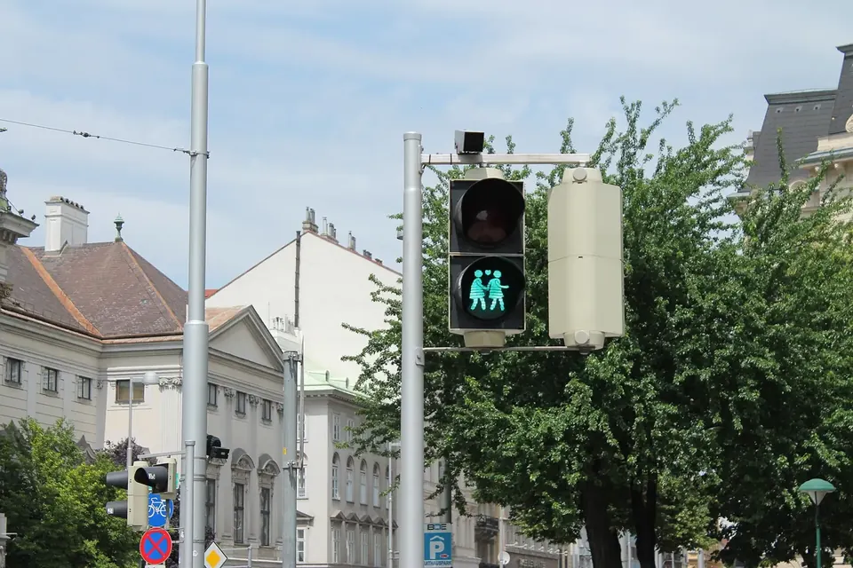 Feu de signalisation pour piétons allumé au vert dans une rue de Vienne, devant des immeubles anciens et des arbres