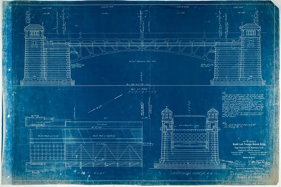 Un ancien plan technique d'ouvrage d'art, tracé en blanc sur fond bleu